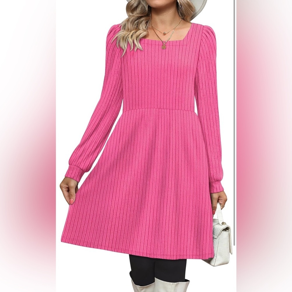 Pink A-Line Dress with Bishop Sleeves and Square Neck.